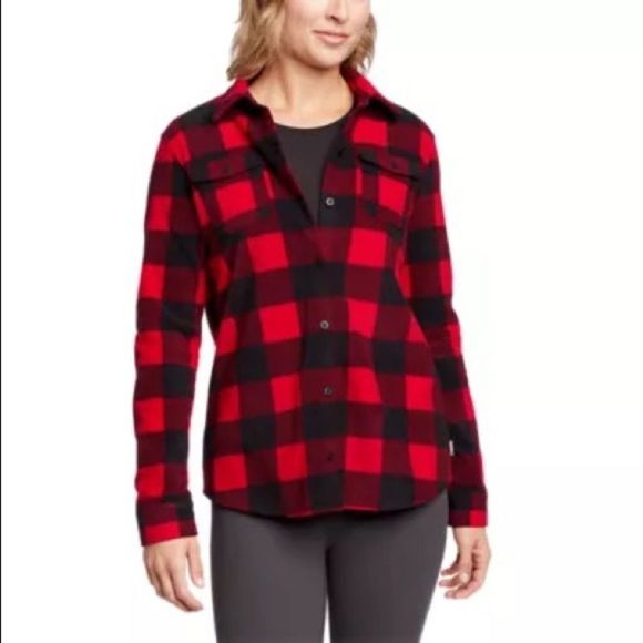 Eddie Bauer Soft Cozy Red Black Checker Plaid Fleece Button Down Top Size Small - Picture 1 of 6